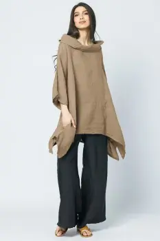 Bluza lunga in colturi, din in, cu gluga, camel imagine