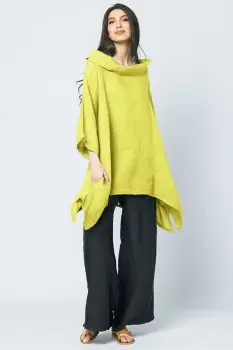 Bluza lunga in colturi, din in, cu gluga, galben imagine
