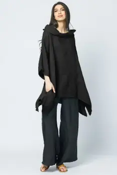 Bluza lunga in colturi, din in, cu gluga, neagra imagine
