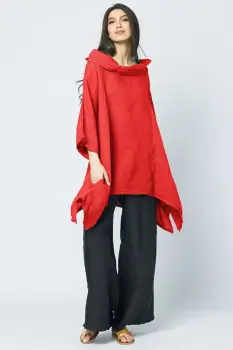 Bluza lunga in colturi, din in, cu gluga, rosie imagine