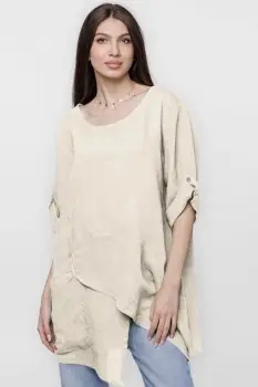 Bluza lunga tunica, in colturi, din in, bej imagine