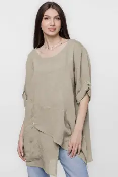 Bluza lunga tunica, in colturi, din in, bej inchis imagine