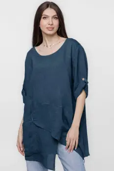 Bluza lunga tunica, in colturi, din in, bleumarin imagine