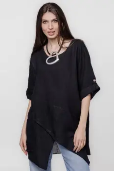 Bluza lunga tunica, in colturi, din in, neagra imagine