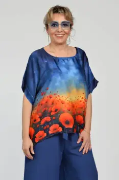 Bluza maneca scurta din matase si vascoza, imprimeu pictural cu maci imagine