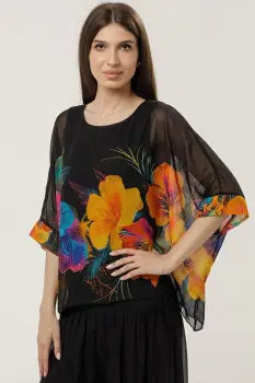 Bluza neagra din matase si vascoza cu maneca scurta si imprimeu floral exotic imagine