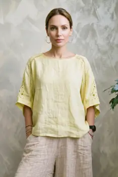 Bluza oversize din in cu broderie sparta din bumbac, galbena imagine