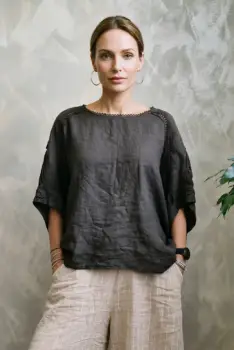 Bluza oversize din in cu broderie sparta din bumbac, maro imagine