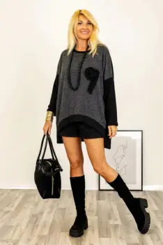 Bluza oversize gri-negru cu design contrastant si aplicatie decorativa din jerseu de vascoza imagine