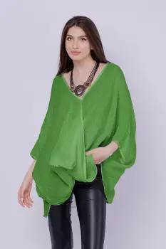 Bluza oversize petrecuta, din in, verde oliv imagine