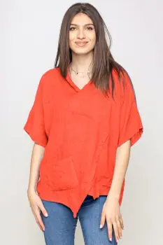 Bluza portocalie asimetrica din in, cu gluga imagine