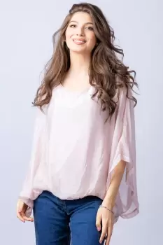 Bluza roz diafan din matase naturala cu maneca fluture imagine