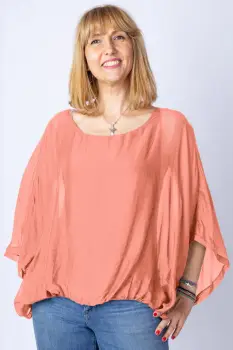 Bluza roz piersica din matase si vascoza cu maneca fluture imagine