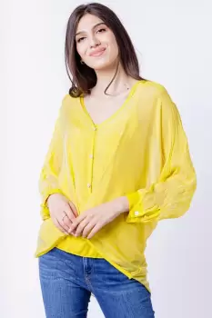 Bluza tip camasa, cu fald, din matase naturala galbena, cu dublura imagine