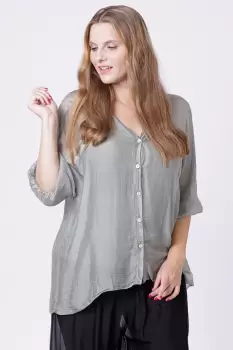 Bluza tip camasa din matase naturala kaki, cu elastic la maneci si dublura imagine