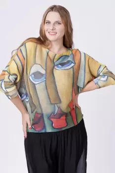 Bluza tricotaj subtire cu imprimeu stil Picasso pe fond galben imagine
