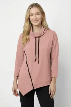 Bluza tunica cu colt, guler inalt reglabil si fermoar oblic, roz prafuit imagine