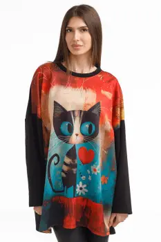 Bluza tunica oversized neagra cu pisica haioasa si inimioara din vascoza imagine