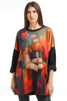 Bluza tunica oversized neagra cu pisica somnoroasa, din vascoza imagine