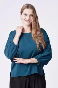 Bluza turcoaz inchis larga cu nasturei pe spate si maneci fluture imagine