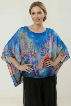 Bluza vaporoasa tip poncho din matase, croi oversized cu print pictural multicolora albastru imagine