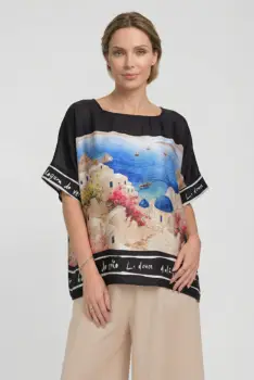 Bluza vaporoasa tip poncho din matase si vascoza, croi oversized cu print peisaj mediteranean si maneci largi fluide imagine