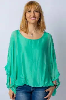 Bluza verde din matase naturala cu maneca fluture imagine