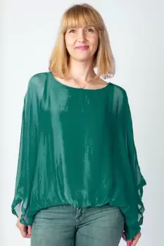 Bluza verde inchis din matase naturala cu maneca fluture imagine