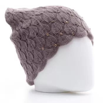 Caciula bej inchis model tricotat cu fir de lurex si strasuri aplicate, captusita in interior imagine