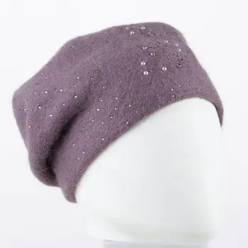 Caciula mov model tricotat cu perle si strasuri fine aplicate, dublata in interior imagine