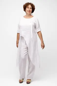 Compleu cu flori aplicate din in, cu bluza tunica mai lunga in spate si pantaloni, alb imagine