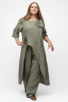 Compleu cu flori aplicate din in, cu bluza tunica mai lunga in spate si pantaloni, kaki imagine