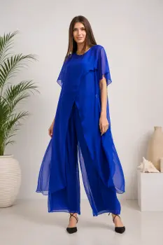 Compleu cu pantaloni lejeri si bluza fluida in colturi lungi, din matase si vascoza, albastru imagine