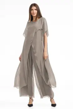 Compleu cu pantaloni lejeri si bluza fluida in colturi lungi, din matase si vascoza, bej inchis imagine