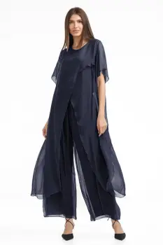 Compleu cu pantaloni lejeri si bluza fluida in colturi lungi, din matase si vascoza, bleumarin imagine