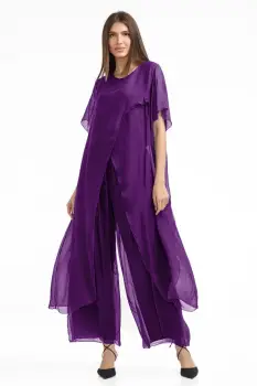 Compleu cu pantaloni lejeri si bluza fluida in colturi lungi, din matase si vascoza, mov imagine