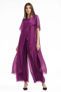 Compleu cu pantaloni lejeri si bluza fluida in colturi lungi, din matase si vascoza, mov zmeura imagine