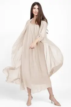 Compleu cu rochie si blazer din matase naturala, bej imagine