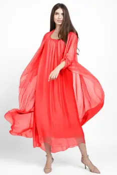 Compleu cu rochie si blazer din matase naturala, corai imagine