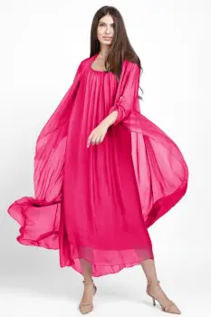 Compleu cu rochie si blazer din matase naturala, fucsia imagine