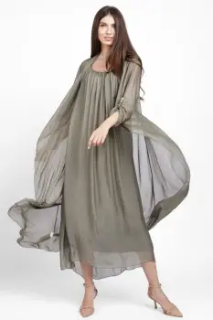 Compleu cu rochie si blazer din matase naturala, kaki imagine