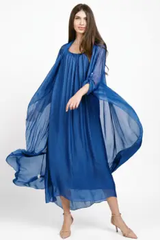 Compleu cu rochie si blazer din matase si vascoza, albastru electric imagine