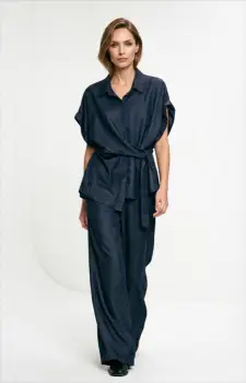 Compleu dama , camasa si pantaloni, croi lejer, elegant casual, din tencel, albastru jeans inchis imagine