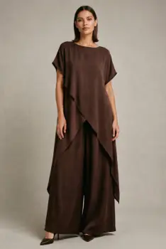 Compleu dama elegant din vascoza cu tunica asimetrica si pantaloni palazzo, maro imagine