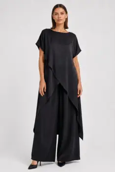 Compleu dama elegant din vascoza cu tunica asimetrica si pantaloni palazzo, negru imagine