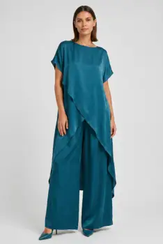 Compleu dama elegant din vascoza cu tunica asimetrica si pantaloni palazzo, turcoaz inchis imagine