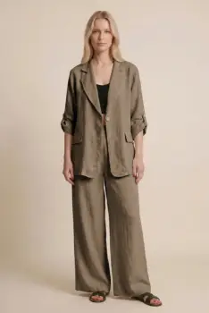 Compleu din in bej inchis, sacou lejer si pantaloni largi, stil minimalist elegant imagine