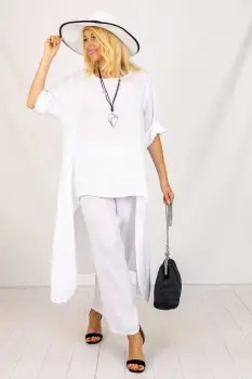 Compleu din in cu bluza tunica mai lunga in spate si pantaloni, alb imagine