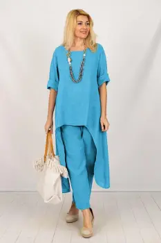 Compleu din in cu bluza tunica mai lunga in spate si pantaloni, albastru azur imagine