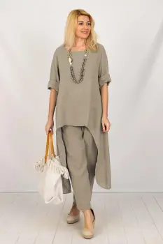 Compleu din in cu bluza tunica mai lunga in spate si pantaloni, bej inchis imagine
